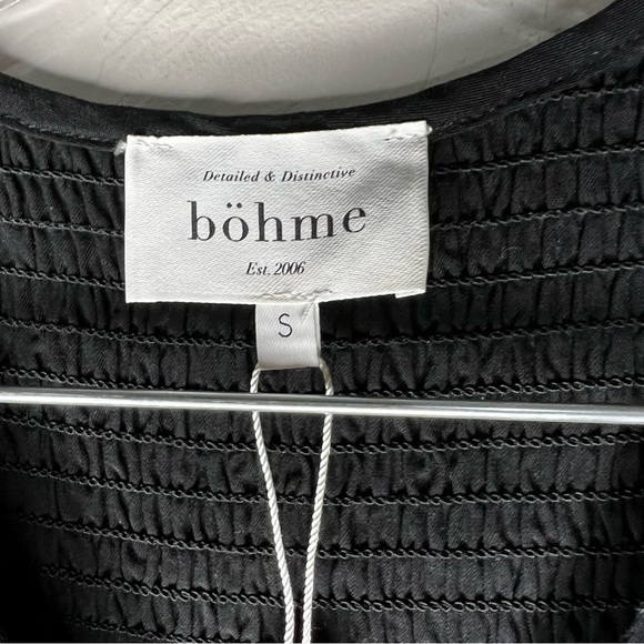 Bohme Black Tencel Smocked Tiered Long Sleeve V-Neck MIDI Dress - Picture 5 of 11